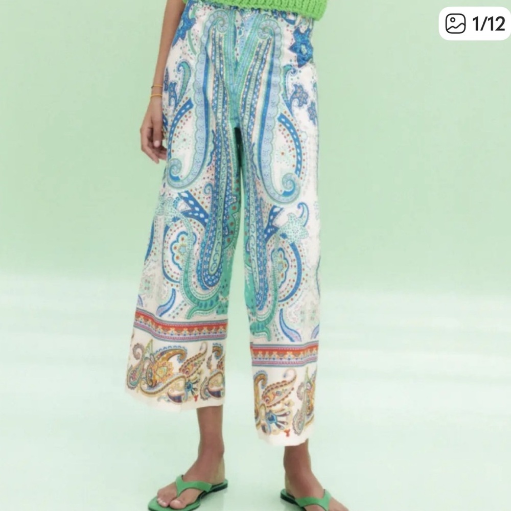 Zara Blue and Green Paisley Cotton Pants women’s size Xtra Small